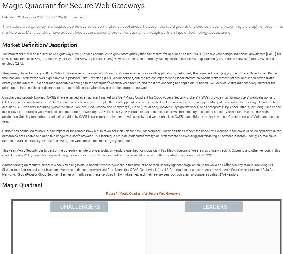 2018 Gartner Magic Quadrant for Secure Web Gateway