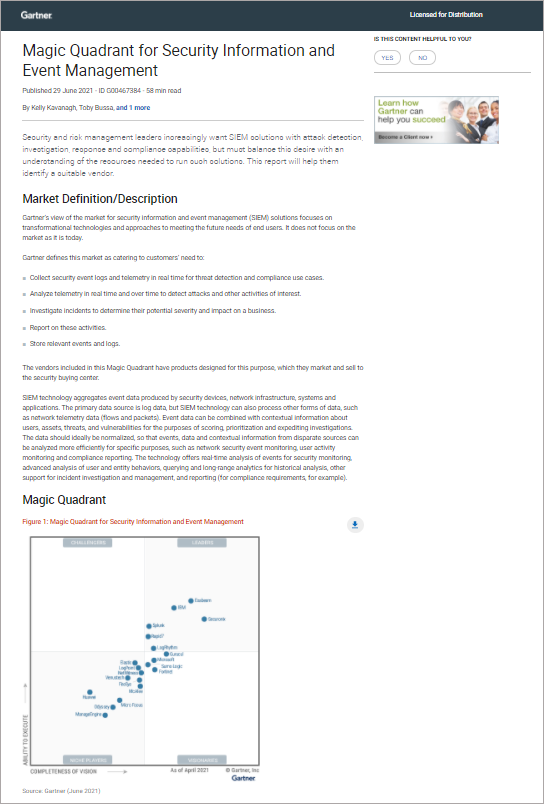 2021 Gartner Magic Quadrant for Security Information and Event Management (SIEM)