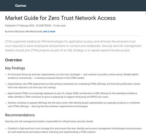 2022 Gartner® Market Guide for Zero Trust Network Access (ZTNA)