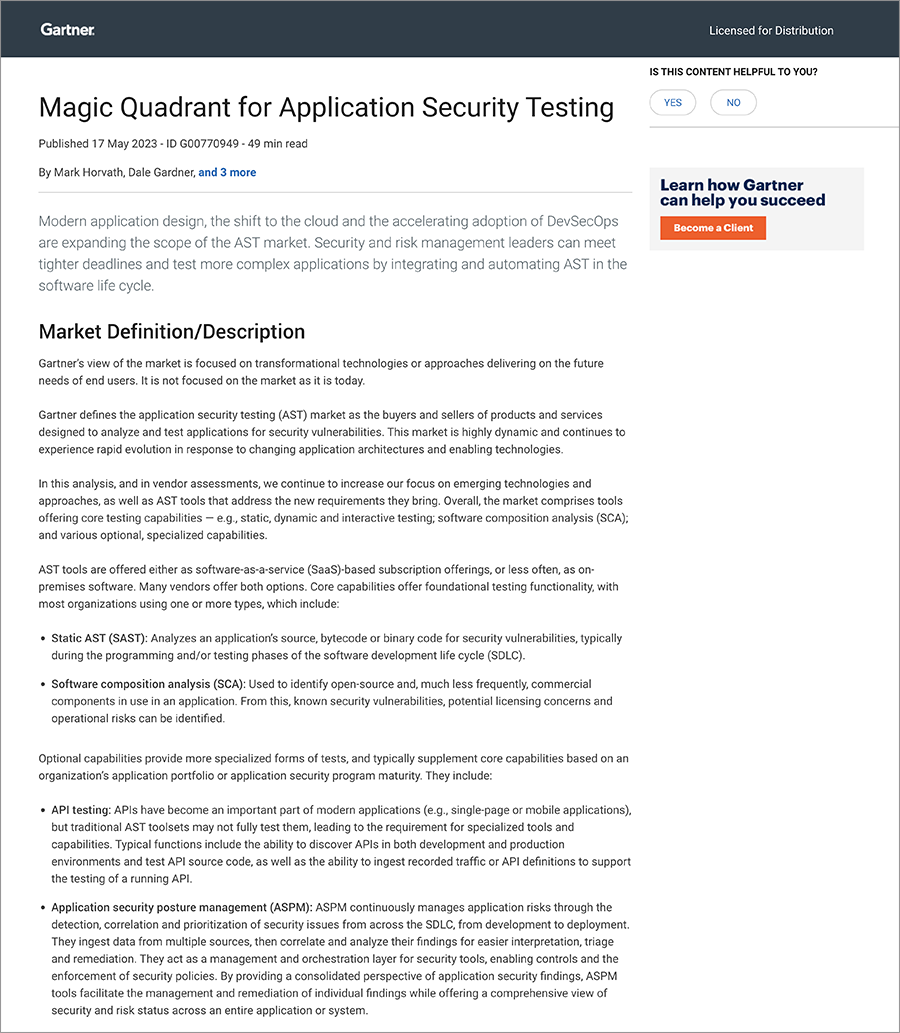 2023 Gartner Magic Quadrant for Application Security Testing