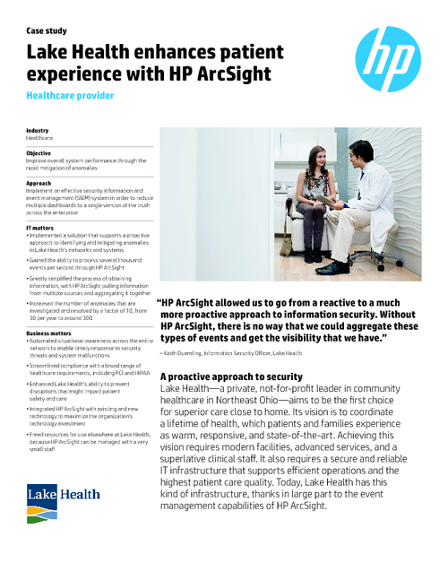 Case Study: Lake Health Enhances Patient Experience with HP ArcSight