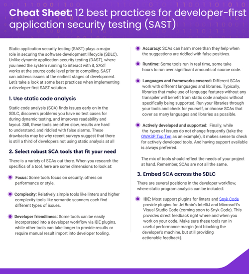 Cheat Sheet: 12 Best Practices for Developer-First Static Application Security Testing (SAST)