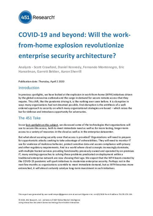 451 Report: COVID-19 and Beyond: Will the Work From- Home Explosion Revolutionize Enterprise Security Architecture?