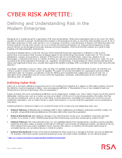 Cyber Risk Appetite: Defining and Understanding Risk in the Modern Enterprise