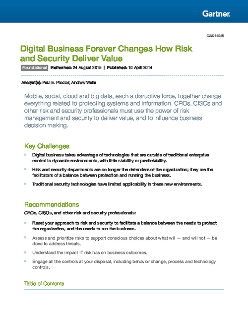 Gartner Report: Digital Business Forever Changes How Risk and Security Deliver Value