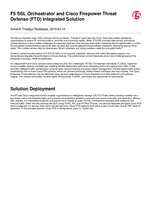 F5 SSL Orchestrator and Cisco Firepower Threat Defense (FTD) Integrated Solution