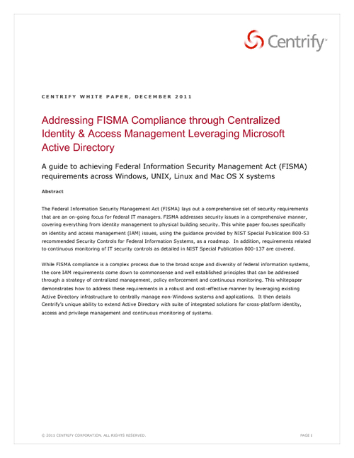 FISMA Compliance through Centralized Identity & Access Management Leveraging Active Directory
