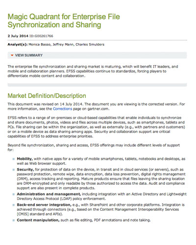 Gartner 2014 Magic Quadrant - Enterprise File Synchronization and Sharing