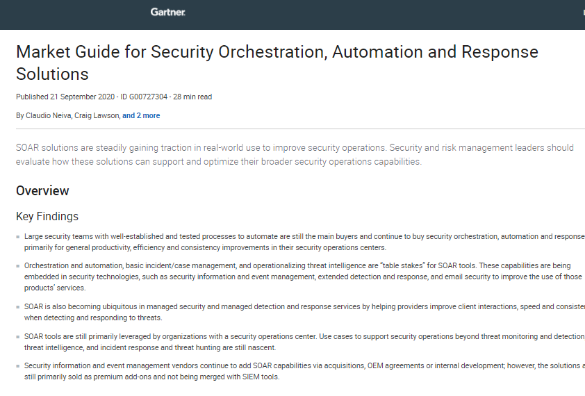 Gartner 2020 Market Guide for Security Orchestration, Automation and Response Solutions