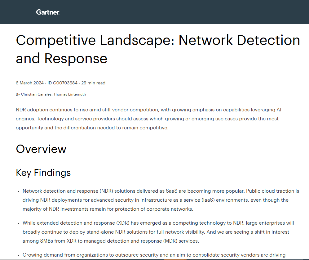 Gartner Competitive Landscape: Network Detection and Response