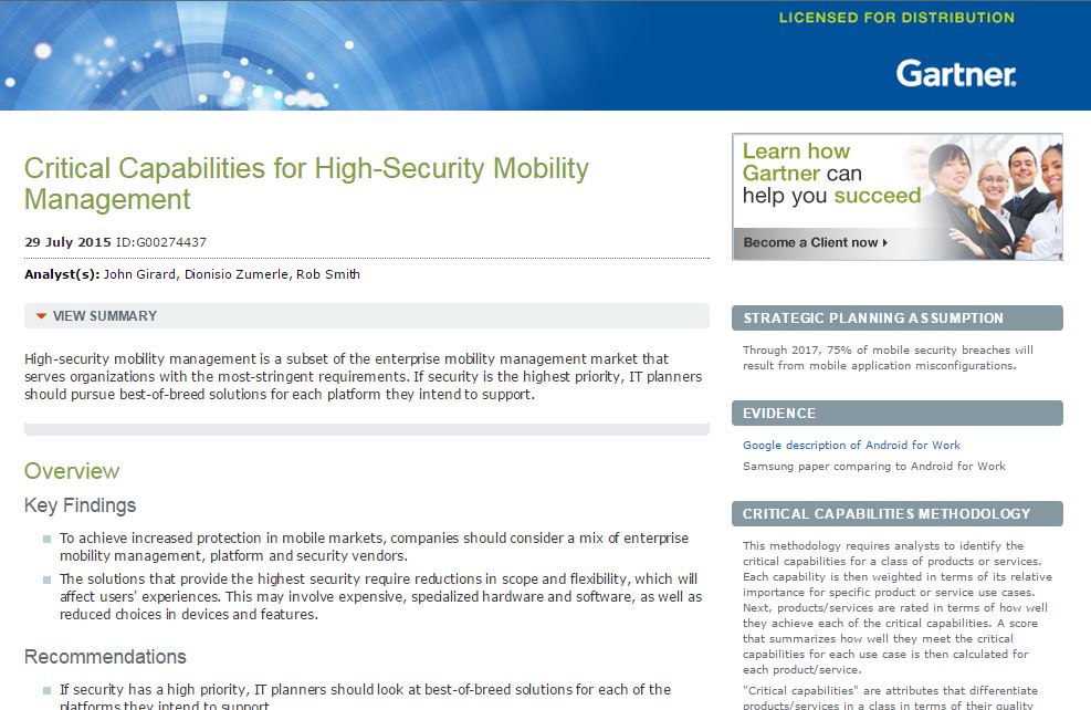 Gartner Critical Capabilities for High Security Mobility Management