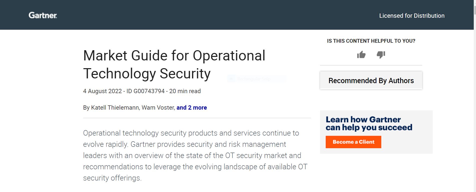 Gartner Insights into Operational Technology Security