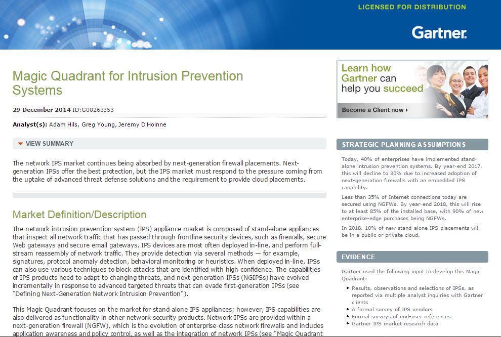 Gartner Magic Quadrant for Intrusion Prevention Systems