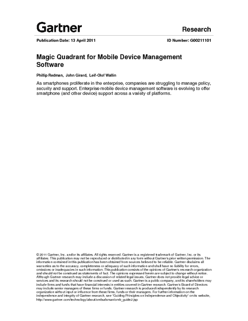 Gartner Magic Quadrant for Mobile Device Management Software
