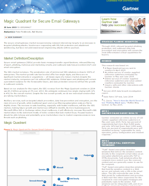 Gartner Magic Quadrant for Secure Email Gateways, 2015