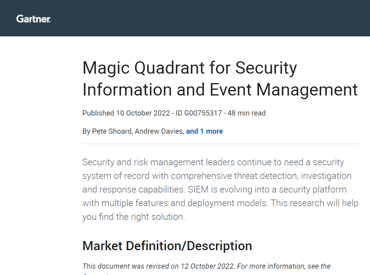 Gartner: Magic Quadrant for Security Information and Event Management