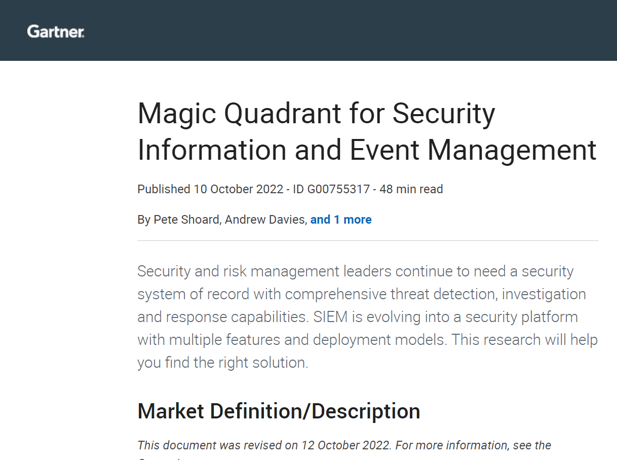 Gartner Magic Quadrant for Security Information and Event Management