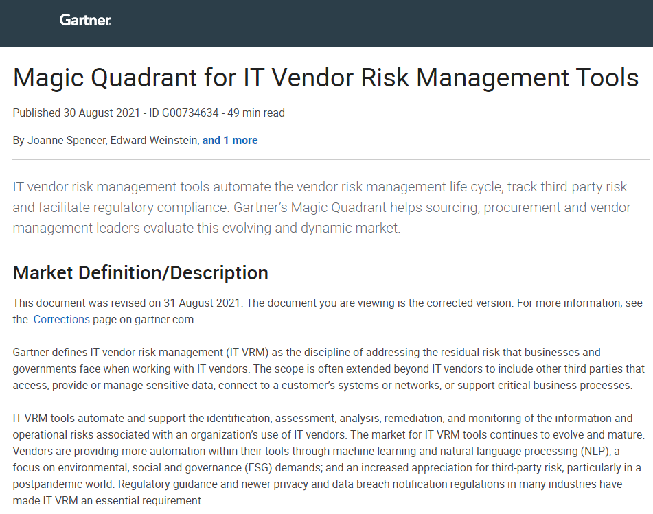 Gartner Magic Quadrant for IT Vendor Risk Management Tools