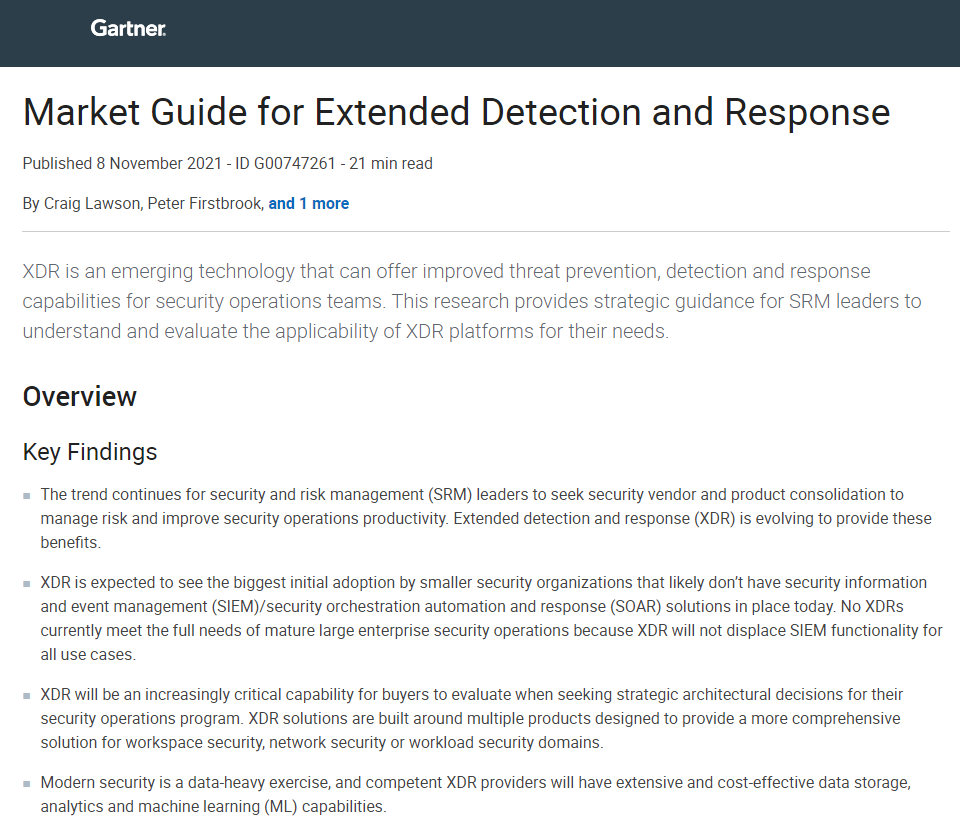 Gartner: Market Guide for Extended Detection and Response
