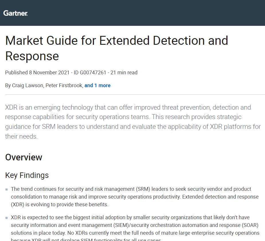 Gartner Market Guide for Extended Detection and Response