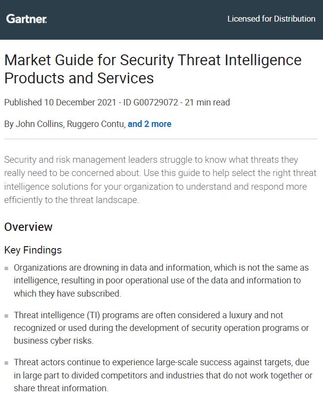 Gartner | Market Guide for Security Threat Intelligence Products and Services