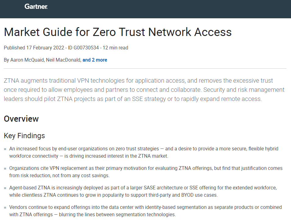 Gartner Market Guide for Zero Trust Network Access