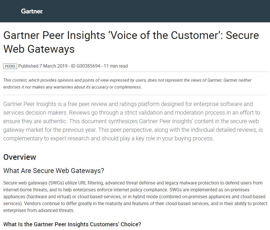 Gartner Peer Insights 'Voice of the Customer': Secure Web Gateways