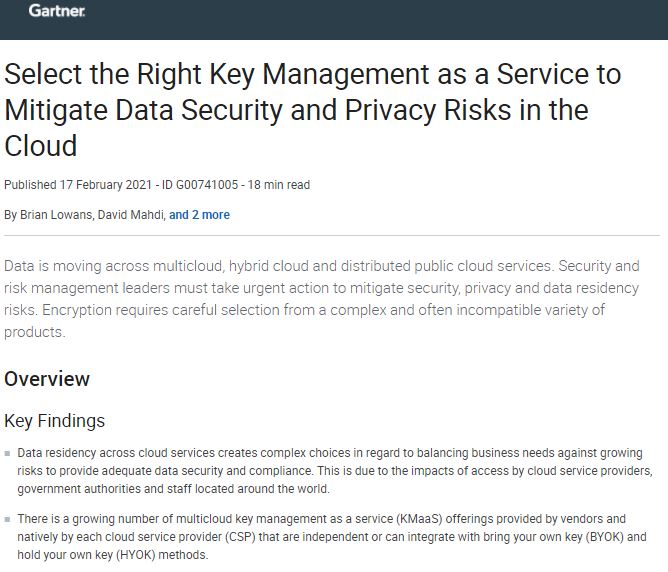 Gartner | Select the Right Key Management as a Service to Mitigate Data Security and Privacy Risks in the Cloud