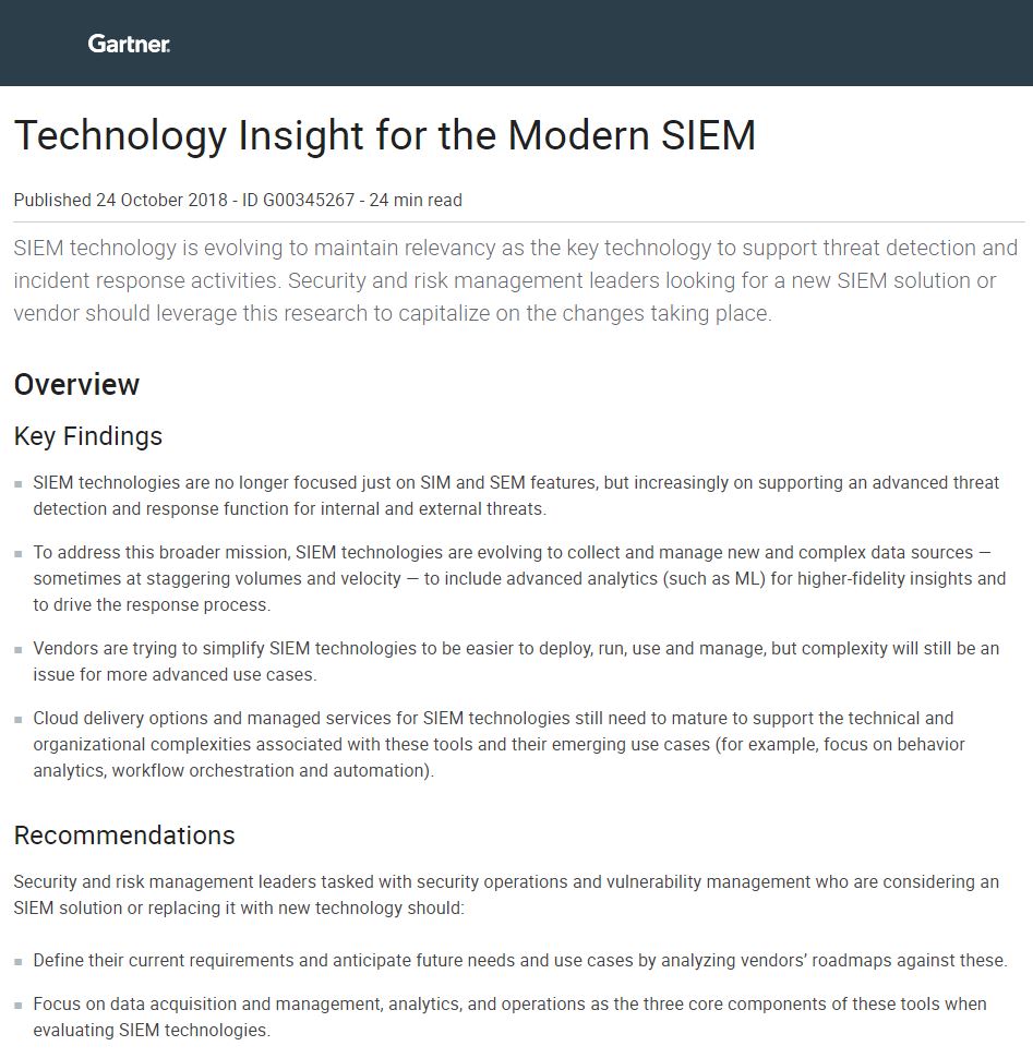 Gartner: Technology Insight for the Modern SIEM