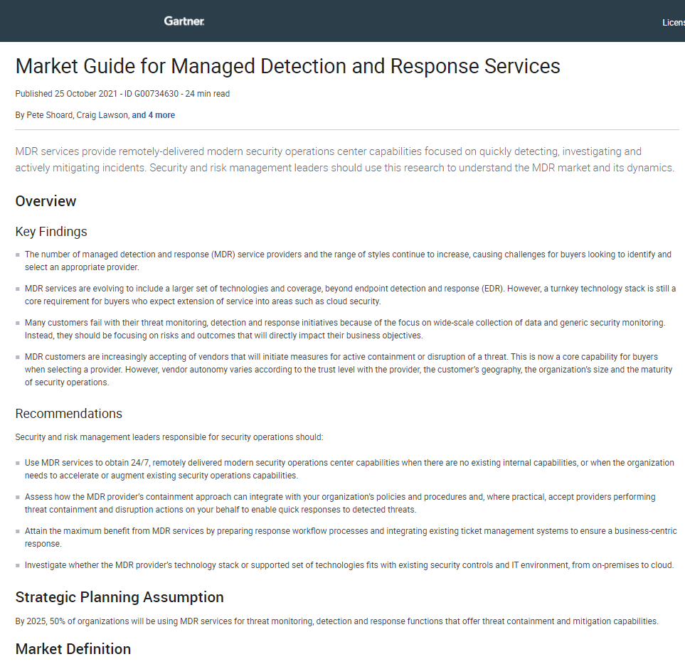 Gartner's Market Guide for Managed Detection and Response Services