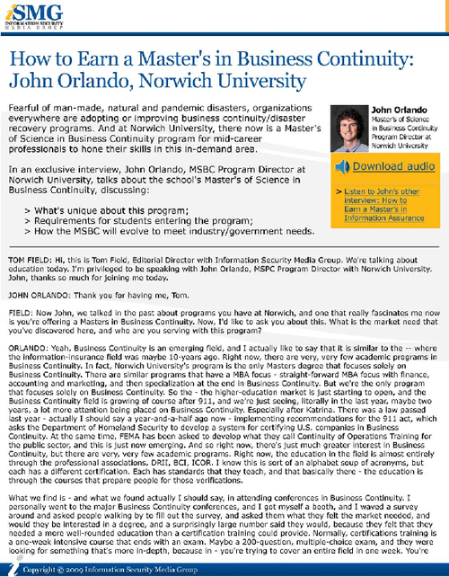 How to Earn a Master's in Business Continuity: John Orlando, Norwich University