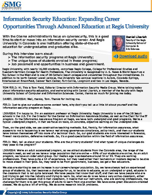 Information Security Education: Expanding Career Opportunities Through Advanced Education at Regis University