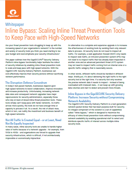 Inline Bypass: Scaling Inline Threat Prevention Tools to Keep Pace with High-Speed Networks