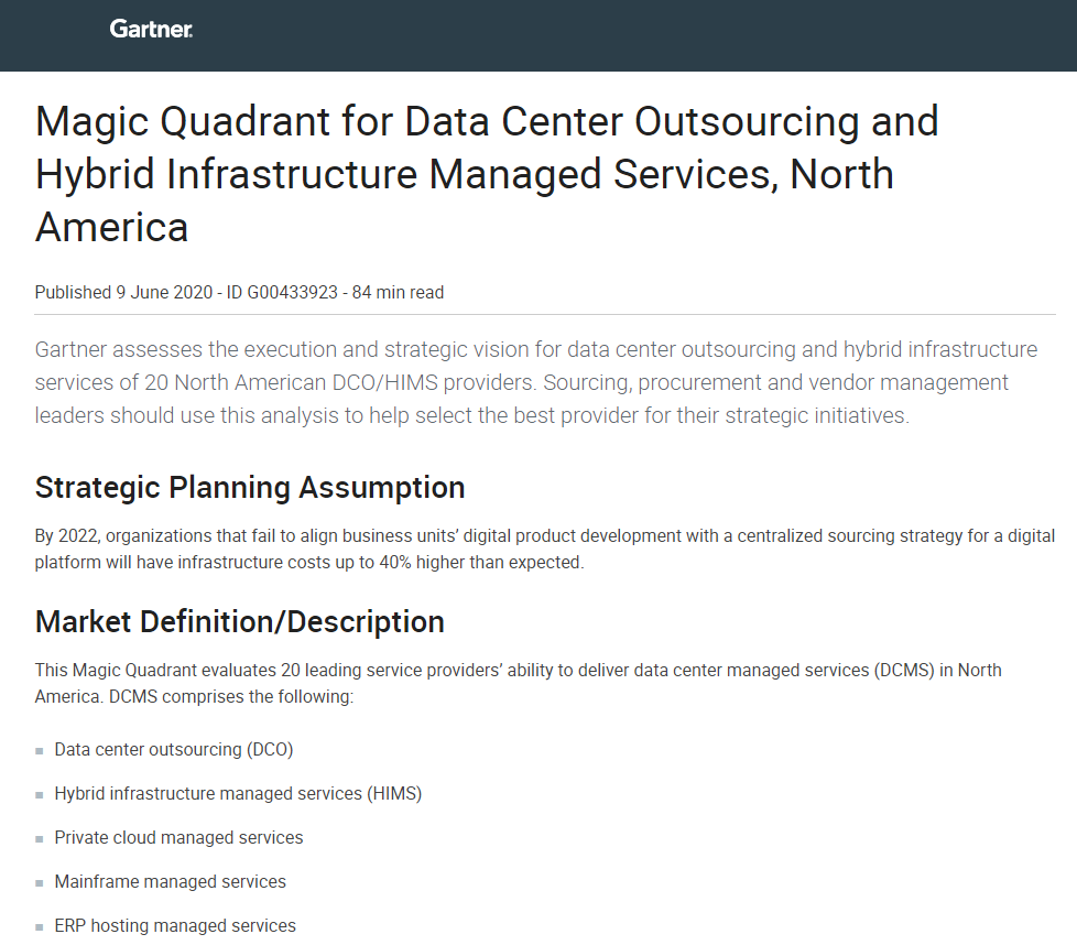 Gartner Magic Quadrant for Data Center Outsourcing and Hybrid Infrastructure Managed Services