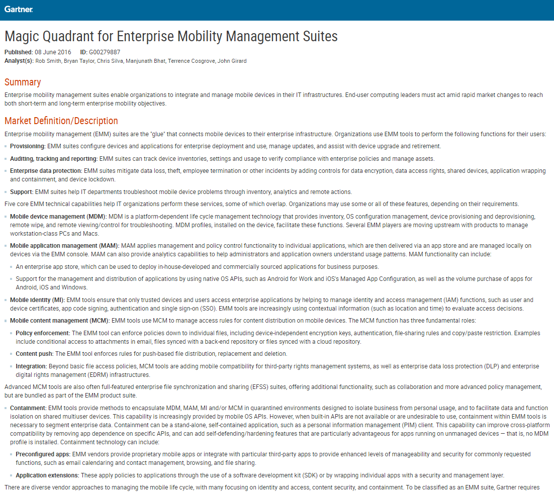Magic Quadrant for Enterprise Mobility Management Suites
