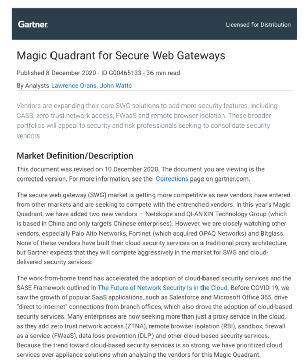 Menlo Security : 2020 Gartner Magic Quadrant for Secure Web Gateways (SWG)