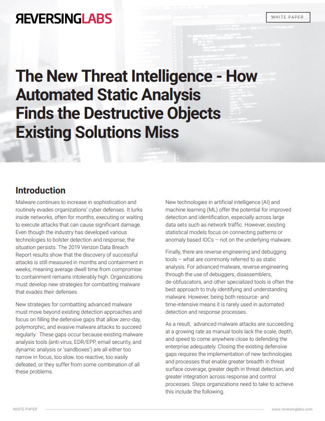 The New Threat Intelligence - How Automated Static Analysis Finds the Destructive Objects Existing Solutions Miss