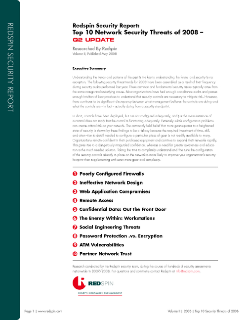 Redspin Security Report: Top 10 Network Security Threats of 2008 - Q2 Update