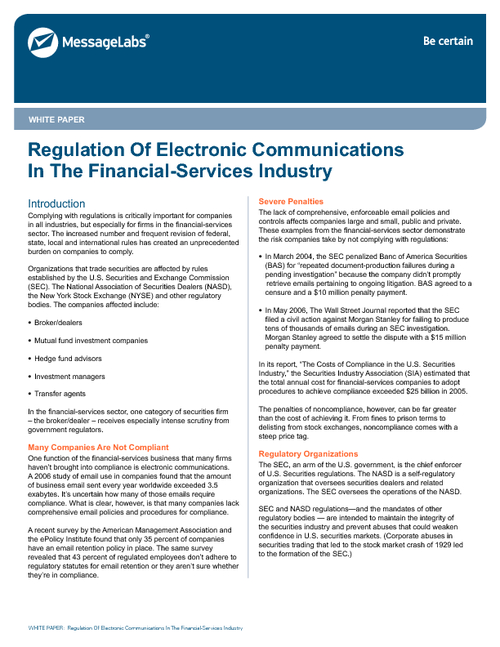 Regulation of Electronic Communications In the Financial Services Industry