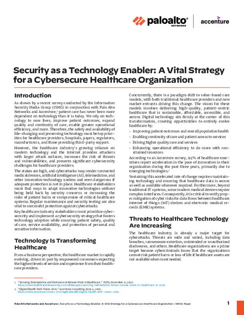 Security as a Technology Enabler: A Vital Strategy for a Cybersecure Healthcare Organization